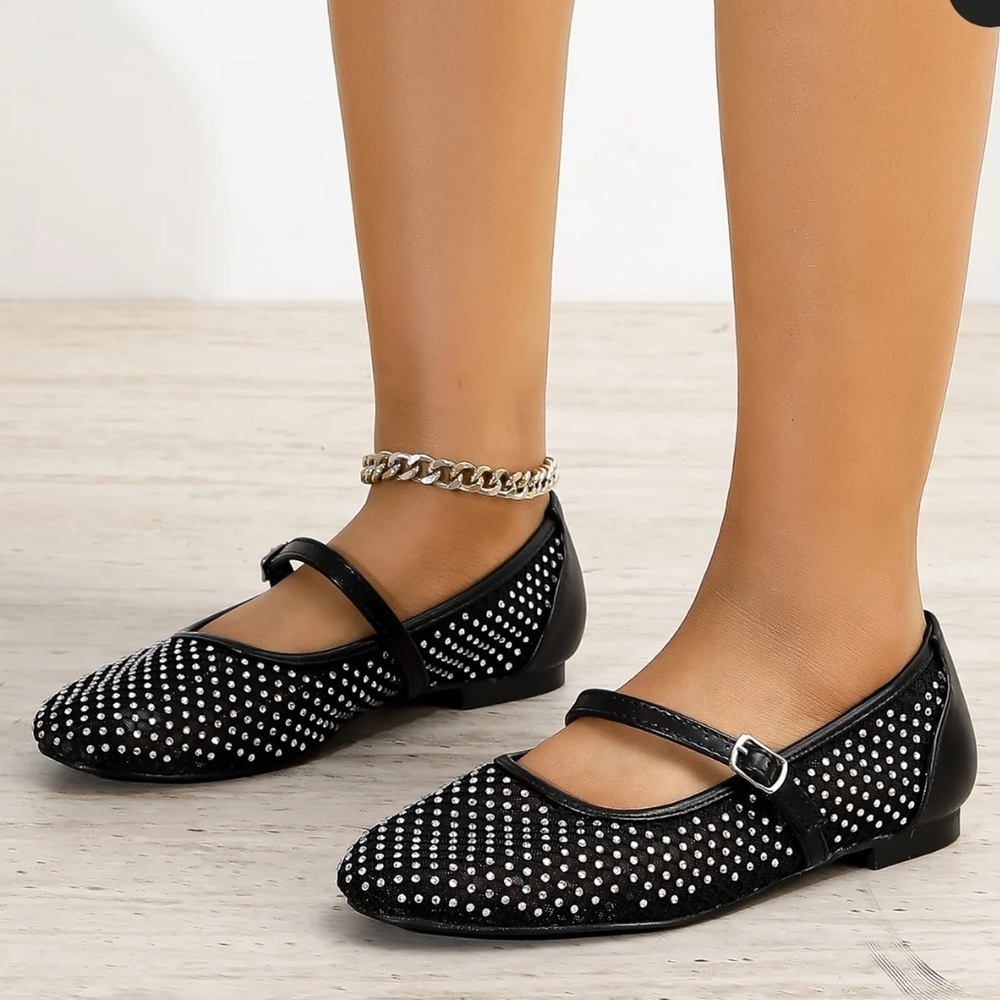 NWOT BERNESS FRIDA BLACK & Rhinestones Mesh Mary Jane Flats Sz. 8 - Picture 5 of 14